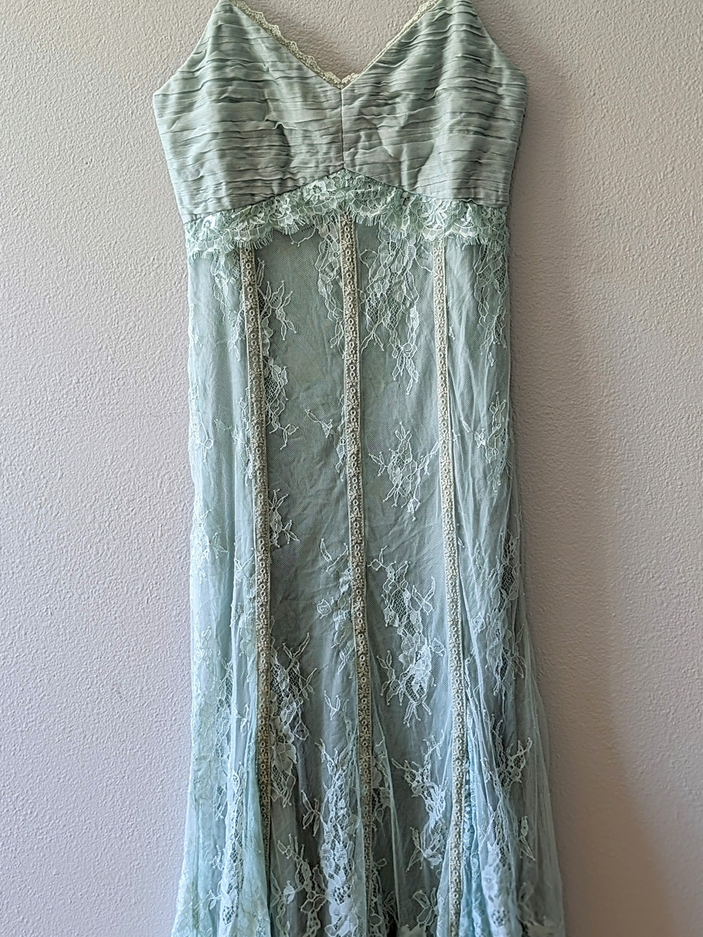 Seafoam Lace Sleeveless Dress with Pleated Bodice